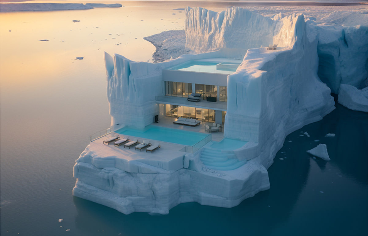 Villa Iceberg, a modern villa on a floating iceberg, equipped with a swimming pool and sundeck chairs, concept design by Maria Dudkina, @sunt_mrr, created with AI Midjourney; one of the AI Facebook images that have been causing quite a stir on the social media network.