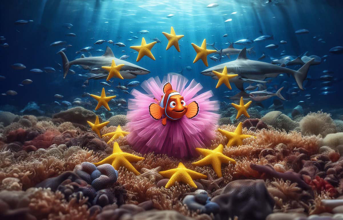 Nemo in a pink tutu, representing the winner of the Eurovision Song Contest 2024, surrounded by golden starfish representing the European flag, and sharks in the background - Europe, not united by music; AI image by Ivan Kralj / Dall-e/Adobe