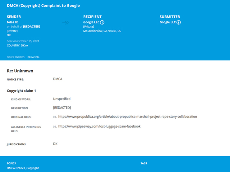 Fake DMCA complaint someone filed against Pipeaway, so that the investigative article on lost luggage scam would not be visible on Google search results; screenshot.