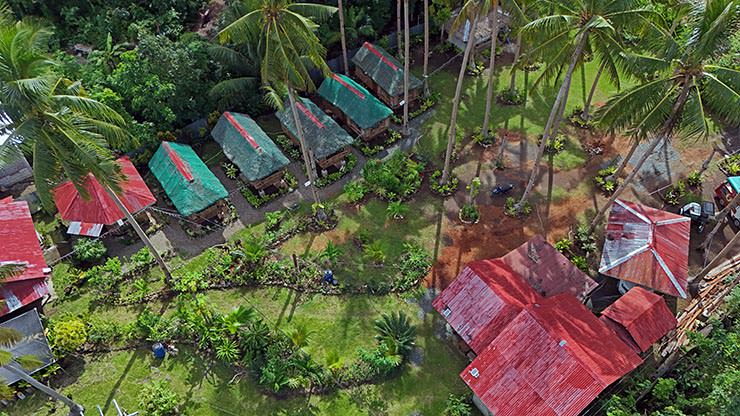 Aerial view of bungalows at Elvira's Homestay, surrounded by greenery, at Panglao Island, the Philippines; photo by Ivan Kralj.