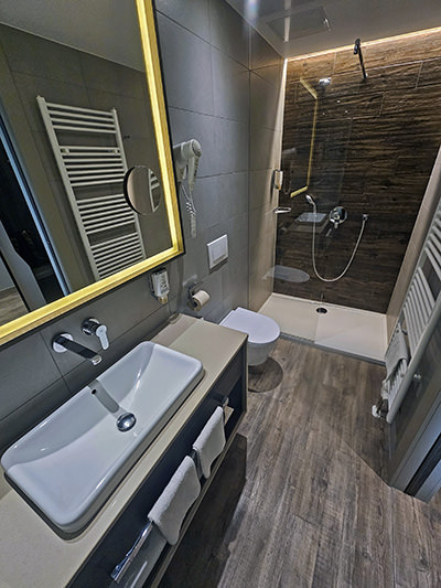 Bathroom at Hotel Jama, Postojna, Slovenia, with a walk-in shower; photo by Ivan Kralj.