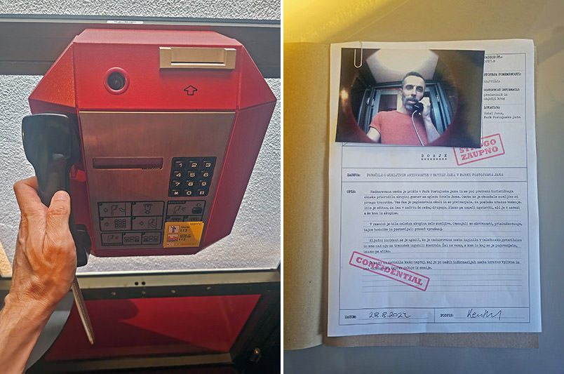 A collage of a photograph of a red telephone box and "strictly confidential" file / surveillance report made during the Secret Rooms tour at Hotel Jama, Slovenia, with an attached photograph of a suspect individual/secret agent? talking to an unknown operative on the other side of the line; photo of and by Ivan Kralj.