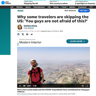 Screenshot of USA Today's article titled "Why some travelers are skipping the US: 'You guys are not afraid of this?'", with the photograph of Ivan Kralj from Pipeaway.com