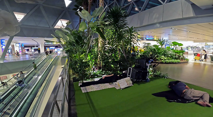 Passengers sleeping on the floor of the Arrival Garden at Singapore Changi Airport, Terminal 1; photo by Ivan Kralj.