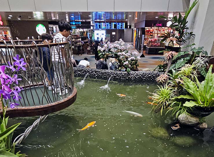 Kids standing on the viewing platform above the koi pond at the Enchanted Garden, an attraction at Singapore Changi Airport's Terminal 2; photo by Ivan Kralj.