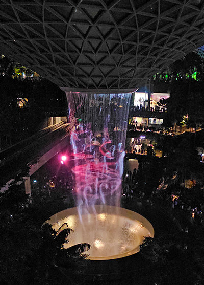 The Light & Music Showcase at the Rain Vortex in Jewel Changi Airport is a daily spectacle merging technology and world's largest indoor waterfall; photo by Ivan Kralj.