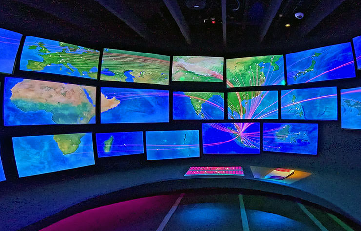 Sky Deck is an immersive space showcasing the connectivity of Singapore Airport with many other cities presented on the screens displaying the world map, at Changi Experience Studio; photo by Ivan Kralj.